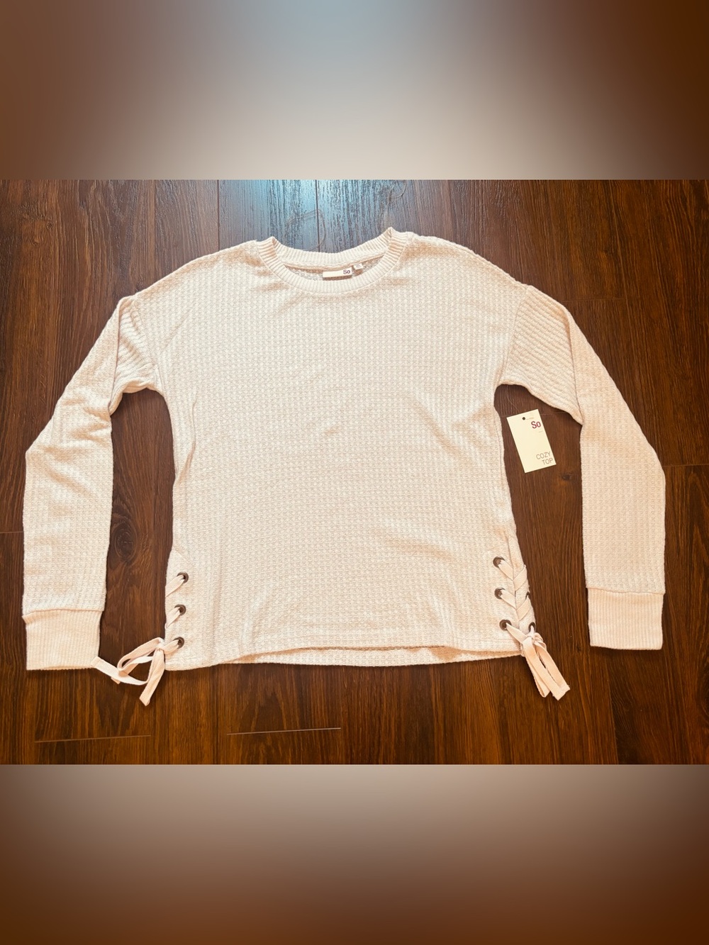 Women’s Lace-Up Side Waffle Knit Long Sleeve Top - baby girl pink